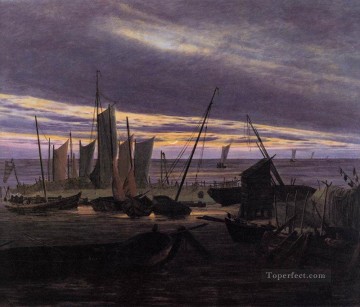  David Oil Painting - Boats In The Harbour At Evening Romantic Caspar David Friedrich